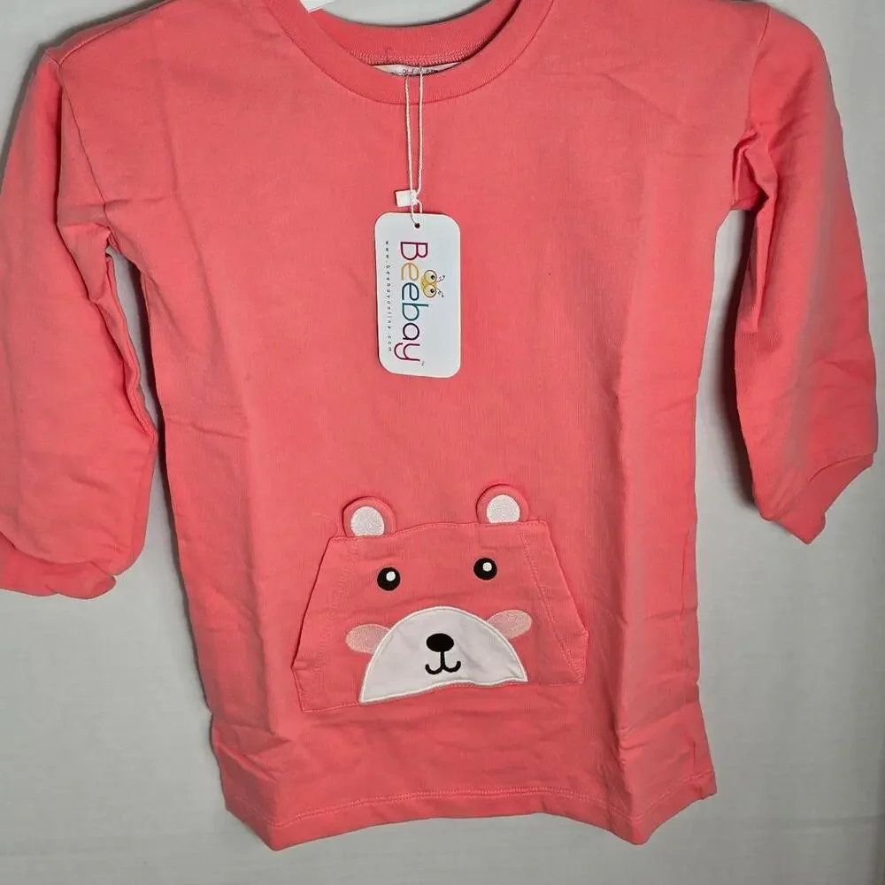 Beebay Girls Pink Bear Pocket Long Sleeve Dress 3t NWT